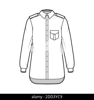 Shirt Epaulette technische Mode-Illustration mit Klappen abgewinkelte Tasche, lange Ärmel, Relax-Fit, Button-Down, regulären Kragen. Flache Schablone vorne, weiße Farbe. Damen Herren Unisex TOP CAD Mockup Stock Vektor