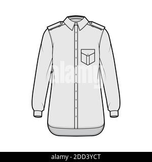 Shirt Epaulette technische Mode-Illustration mit Klappen abgewinkelte Tasche, lange Ärmel, Relax-Fit, Button-Down, regulären Kragen. Flache Schablone vorne, graue Farbe. Damen Herren Unisex TOP CAD Mockup Stock Vektor