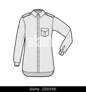Shirt Epaulette technische Mode-Illustration mit Klappen abgewinkelte Tasche, Ellbogenfalte Langarm, Relax-Fit, Button-Down, regulären Kragen. Flache Schablone vorne, graue Farbe. Damen Herren Unisex TOP CAD Stock Vektor