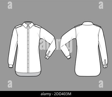 Shirt Epaulette technische Mode-Illustration mit Ellbogenfalte Langarm, übergroß, Button-Down-Öffnung, regulärer Kragen. Flache Schablone vorne, Rückseite weiß Farbe. Damen Herren Unisex TOP CAD Mockup Stock Vektor