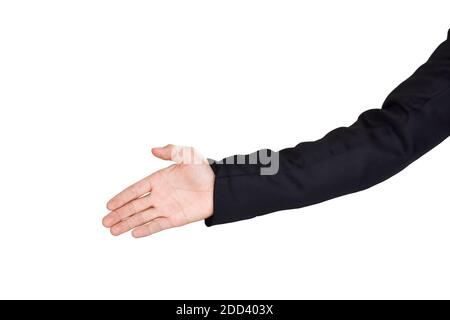 Businessman Hand (Angebot für Handschlag) in Anzug, isoliert auf weißem Hintergrund. Mit Clipping-Pfad. Stockfoto