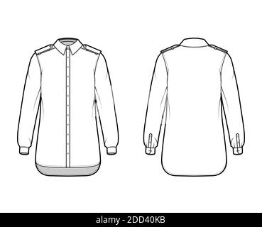 Shirt Epaulette technische Mode-Illustration mit Langarm mit Manschette, Relax-Fit, Button-Down-Öffnung, regulärer Kragen. Flache Schablone vorne, Rückseite weiß Farbe. Damen Herren Unisex TOP CAD Mockup Stock Vektor