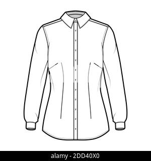 Shirt taillierte technische Mode-Illustration mit langen Ärmeln mit Manschette, Slim Fit, Abnäher, Button-Down, regulären Kragen. Flache Schablone vorne, weiß, Farbe. Damen Herren Unisex TOP CAD Mockup Stock Vektor