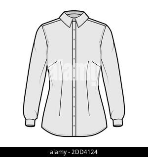 Shirt taillierte technische Mode-Illustration mit langen Ärmeln mit Manschette, Slim Fit, Abnäher, Button-Down, regulären Kragen. Flache Schablone vorne, graue Farbe. Damen Herren Unisex TOP CAD Mockup Stock Vektor