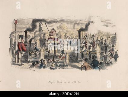 Vintage-Gravur des Hyde Park, wie es sein wird, 1846, von John Leech (Karikaturist) Karikaturen von Victorianern. Futuristisches Bild von Menschen, die im Hyde Park auf persönlichen Dampfmaschinen statt auf Pferden reiten. Stockfoto