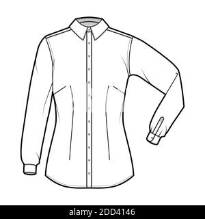 Shirt taillierte technische Mode Illustration mit Ellbogenfalte Langarm, Slim Fit, Abnäher, Button-Down, regulärer Kragen. Flache Schablone vorne, weiße Farbe. Damen Herren Unisex TOP CAD Mockup Stock Vektor