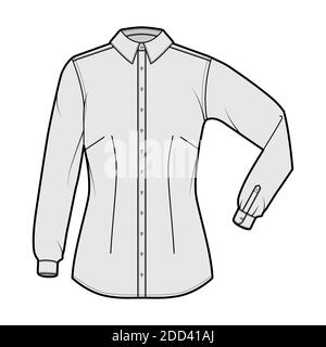 Shirt taillierte technische Mode Illustration mit Ellbogenfalte Langarm, Slim Fit, Abnäher, Button-Down, regulärer Kragen. Flache Schablone vorne, graue Farbe. Damen Herren Unisex TOP CAD Mockup Stock Vektor