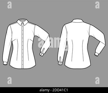 Shirt taillierte technische Mode Illustration mit Ellbogenfalte Langarm, Slim Fit, Abnäher, Button-Down, regulärer Kragen. Flache Schablone vorne, Rückseite weiß Farbe. Damen Herren Unisex TOP CAD Mockup Stock Vektor