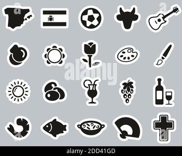 Spanien Land & Kultur Icons Schwarz & Weiß Sticker Set Groß Stock Vektor