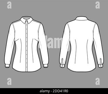 Shirt taillierte technische Mode-Illustration mit langen Ärmeln mit Manschette, Slim Fit, Abnäher, Button-Down, regulären Kragen. Flache Schablone vorne, weiß, Farbe. Damen Herren Unisex TOP CAD Mockup Stock Vektor