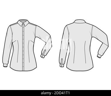 Shirt taillierte technische Mode Illustration mit Ellbogenfalte Langarm, Slim Fit, Abnäher, Button-Down, regulärer Kragen. Flache Schablone vorne, Rückseite graue Farbe. Damen Herren Unisex TOP CAD Mockup Stock Vektor