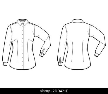 Shirt taillierte technische Mode Illustration mit Ellbogenfalte Langarm, Slim Fit, Abnäher, Button-Down, regulärer Kragen. Flache Schablone vorne, Rückseite weiß Farbe. Frauen Männer top CAD Mockup Stock Vektor