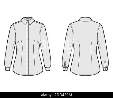 Shirt taillierte technische Mode-Illustration mit langen Ärmeln mit Manschette, Slim Fit, Abnäher, Button-Down, regulären Kragen. Flache Schablone vorne, Rückseite graue Farbe. Damen Herren Unisex Top Mockup Stock Vektor