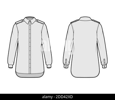 Shirt Epaulette technische Mode-Illustration mit Langarm mit Manschette, Relax-Fit, Button-Down-Öffnung, regulärer Kragen. Flache Schablone vorne, hinten, graue Farbe. Damen Herren Unisex TOP CAD Mockup Stock Vektor