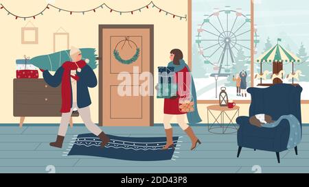 Menschen mit Geschenken auf Heiligabend Vektor-Illustration. Cartoon Familie Charaktere Vorbereitung für Winterurlaub Feier im Wohnzimmer Heim Interieur, halten Geschenk-Boxen, Weihnachtsbaum Hintergrund Stock Vektor