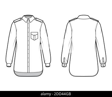 Shirt Epaulette technische Mode-Illustration mit Klappen abgewinkelte Tasche, lange Ärmel, Relax-Fit, Button-Down, regulären Kragen. Flache Schablone vorne, Rückseite weiß Farbe. Damen Herren Unisex TOP CAD Mockup Stock Vektor