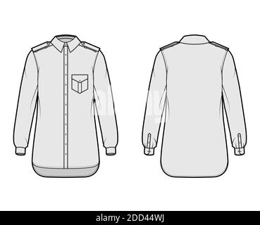 Shirt Epaulette technische Mode-Illustration mit Klappen abgewinkelte Tasche, lange Ärmel, Relax-Fit, Button-Down, regulären Kragen. Flache Schablone vorne, hinten, graue Farbe. Damen Herren Unisex TOP CAD Mockup Stock Vektor