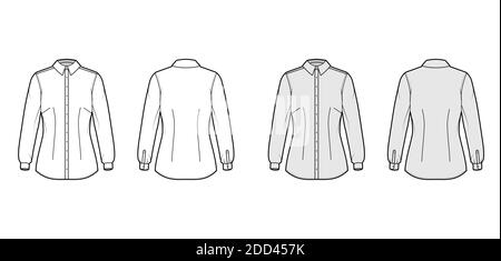 Shirt taillierte technische Mode-Illustration mit langen Ärmeln mit Manschette, Slim Fit, Abnäher, Button-Down. Flache Schablone vorne, hinten, grau weiß, Farbe. Damen Herren Unisex TOP CAD Mockup Stock Vektor
