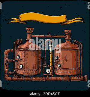 Retro Brauerei Gravur. Kupfertanks und Fässer in Brauereibier. Tanks aus der Brauerei Fabrik, Craft Bier. Vintage Vektor Gravur Illustration Stock Vektor