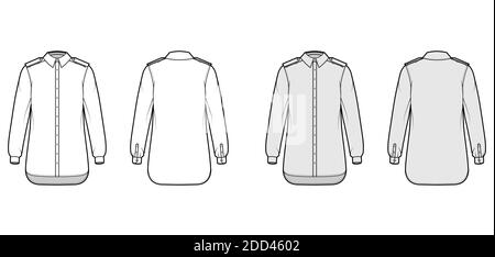 Shirt Epaulette technische Mode-Illustration mit Langarm mit Manschette, Relax-Fit, Button-Down-Öffnung, regulärer Kragen. Flache Schablone vorne, Rückseite weiß, graue Farbe. Damen Herren Unisex TOP CAD Mockup Stock Vektor