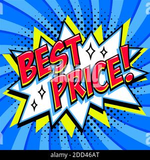 Bester Preis - Comic-Stil Wort auf blauem Hintergrund. Bester Preis Comic Text Rede Blase. Banner im Pop-Art-Comic-Stil. Sommerbanner in Farbe Stock Vektor