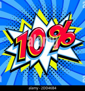 Sale Tags Kollektion. 10 zehn Prozent Rabatt. Rote Zahl mit Knall Form auf blauem Halbton Hintergrund. Super Verkauf Web-Banner. Pop Art Comic-Stil Verkauf Abschlussball Stock Vektor