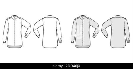 Shirt Epaulette technische Mode-Illustration mit Ellbogenfalte Langarm, übergroß, Button-Down-Öffnung, regulärer Kragen. Flache Schablone vorne, Rückseite weiß, graue Farbe. Damen Herren Unisex TOP CAD Mockup Stock Vektor