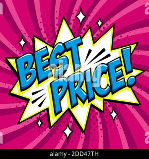 Bester Preis - Comic-Stil Wort auf einem lila Hintergrund. Bester Preis Comic Text Rede Blase. Farbanhänger im Pop Art Stil. Pinkfarbener Aufkleber zum besten Preis. P Stock Vektor