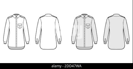 Shirt Epaulette technische Mode-Illustration mit Klappen abgewinkelte Tasche, lange Ärmel, Relax-Fit, Button-Down, regulären Kragen. Flache Vorlage vorne zurück weiß grau Farbe. Damen Herren Unisex TOP CAD Mockup Stock Vektor