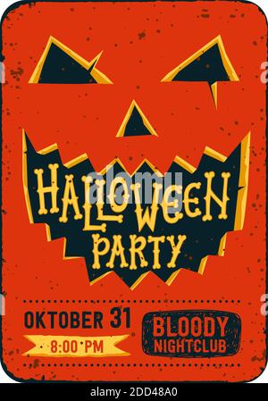 Halloween Party Einladungskarte. Halloween Kürbis mit geschnitztem Gesicht und Text Halloween-Party. Halloween Flyer mit Text auf einer Grunge Textur. Editierbar Stock Vektor