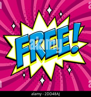 Free - Comic-Stil Wort auf einem lila Hintergrund. Kostenloses Banner im Pop-Art-Comic-Stil. Farbe Sommer Banner in Pop Art Stil ideal für Web. Stock Vektor