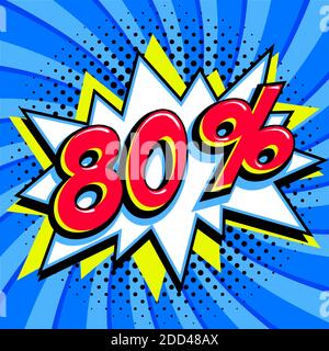 Sale Tags Kollektion. 80 % Rabatt auf 80 % Rabatt. Rote Zahl mit Knall Form auf blauem Halbton Hintergrund. Super Verkauf Web-Banner. Pop Art Comic Style Stock Vektor