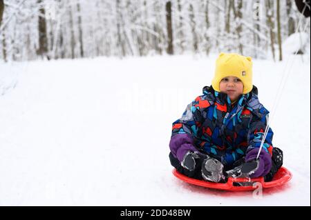 Moskau / Russisch - Januar 2020: Glückliche Familie mit Kindern haben Spaß verbringen Winterferien im verschneiten Winterwald. Kind Junge gleiten auf Untertasse sl Stockfoto