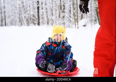 Moskau / Russisch - Januar 2020: Glückliche Familie mit Kindern haben Spaß verbringen Winterferien im verschneiten Winterwald. Vater rollt seinen Sohn auf einer SA Stockfoto