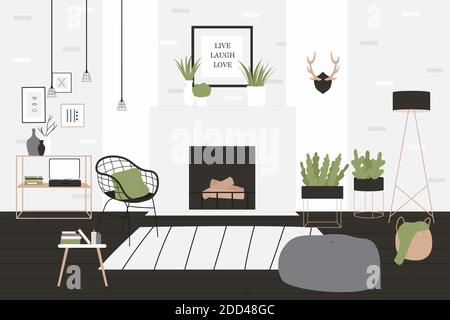 Loft-Stil Haus Wohnzimmer Innenraum Vektor-Illustration. Cartoon gemütliche stilvolle minimalistische Innenausstattung mit Kamin und Sesseln, weiße Wand und dunkle Lampe auf dem Boden, grüne Hauspflanze im Topf Hintergrund Stock Vektor