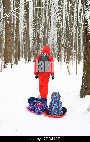 Glückliche Familie mit Kindern haben Spaß verbringen Winterferien im verschneiten Winterwald. Vater rollt seine Kinder Geschwister auf einer Untertasse Schlitten Stockfoto
