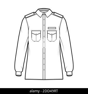 Shirt Militär technische Mode-Illustration mit Schulterklappen, Klappen schrägen Taschen, lange Ärmel, Relax-Fit, Button-Down, klassischer Kragen. Flache Schablone vorne, weiße Farbe. Damen Herren Unisex TOP CAD Stock Vektor