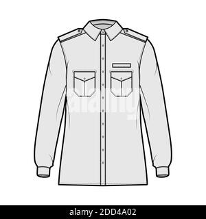 Shirt Militär technische Mode-Illustration mit Schulterklappen, Klappen schrägen Taschen, lange Ärmel, Relax-Fit, Button-Down, klassischer Kragen. Flache Schablone vorne, graue Farbe. Damen Herren Unisex TOP CAD Stock Vektor
