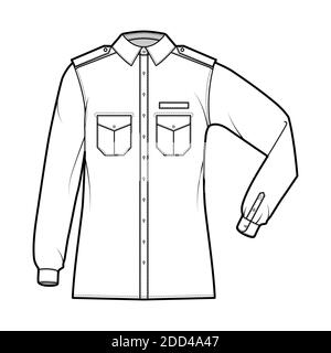 Shirt Militär technische Mode-Illustration mit Schulterklappen, Klappen schrägen Taschen, Ellbogenfalte Langarm, Relax-Passform, Button-Down, Kragen. Flache Schablone vorne, weiße Farbe. Damen Herren Unisex TOP CAD Stock Vektor
