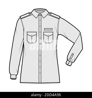 Shirt Militär technische Mode-Illustration mit Schulterklappen, Klappen schrägen Taschen, Ellbogenfalte Langarm, Relax-Passform, Button-Down, Kragen. Flache Schablone vorne, graue Farbe. Damen Herren Unisex TOP CAD Stock Vektor