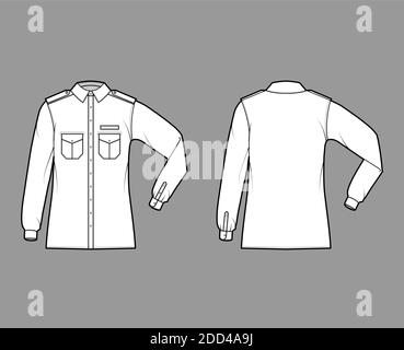 Shirt Militär technische Mode-Illustration mit Schulterklappen, Klappen schrägen Taschen, Ellbogenfalte Langarm, Relax-Passform, Button-Down. Flache Schablone vorne, Rückseite weiß Farbe. Damen Herren Unisex TOP CAD Stock Vektor