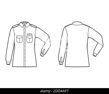 Shirt Militär technische Mode-Illustration mit Schulterklappen, Klappen schrägen Taschen, Ellbogenfalte Langarm, Relax-Passform, Button-Down, Kragen. Flache Schablone vorne, Rückseite weiß Farbe. Damen Herren Unisex-Shirt Stock Vektor