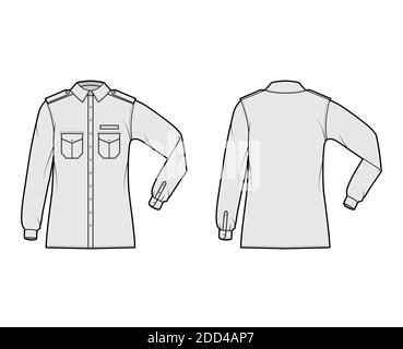 Shirt Militär technische Mode-Illustration mit Schulterklappen, Klappen schrägen Taschen, Ellbogenfalte Langarm, Relax-Passform, Button-Down. Flache Schablone vorne, Rückseite graue Farbe. Damen Herren Unisex TOP CAD Stock Vektor