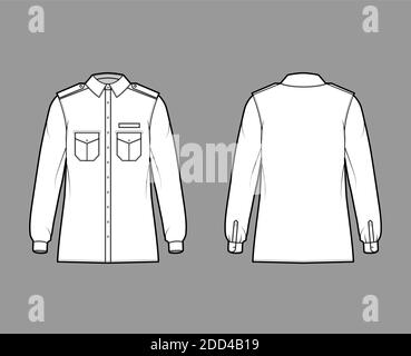 Shirt Militär technische Mode-Illustration mit Schulterklappen, Klappen schrägen Taschen, lange Ärmel, Relax-Fit, Button-Down, klassischer Kragen. Flache Schablone vorne, Rückseite weiß Farbe. Damen Herren Unisex TOP CAD Stock Vektor