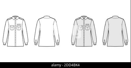 Shirt Militär technische Mode-Illustration mit Schulterklappen, Klappen schrägen Taschen, lange Ärmel, Relax-Fit, Button-Down, klassischer Kragen. Flache Schablone vorne, Rückseite weiß, graue Farbe. Damen Herren TOP CAD Stock Vektor
