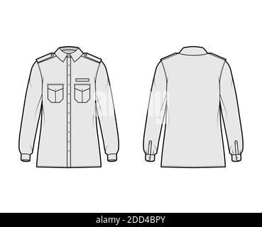 Shirt Militär technische Mode-Illustration mit Schulterklappen, Klappen schrägen Taschen, lange Ärmel, Relax-Fit, Button-Down, klassischer Kragen. Flache Schablone vorne, hinten, graue Farbe. Damen Herren Unisex TOP CAD Stock Vektor