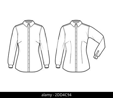 Shirt taillierte technische Mode Illustration mit Ellbogenfalte Langarm, Slim Fit, Abnäher, Button-Down, regulärer Kragen. Flache Schablone vorne, weiße Farbe. Damen Herren Unisex TOP CAD Mockup Stock Vektor