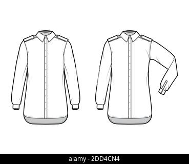 Shirt Epaulette technische Mode-Illustration mit Ellbogenfalte Langarm, übergroß, Button-Down-Öffnung, regulärer Kragen. Flache Schablone vorne, weiß, Farbe. Damen Herren Unisex TOP CAD Mockup Stock Vektor