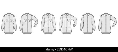 Set von Shirt Epaulette technische Mode-Illustration mit Klappen schrägen Taschen, Ellenbogen falten Langarm, Relax-Passform, Button-Down-Kragen. Flache Schablone vorne grau Farbe. Damen Herren Unisex TOP CAD Stock Vektor