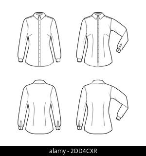 Shirt taillierte technische Mode Illustration mit Ellbogenfalte Langarm, Slim Fit, Abnäher, Button-Down, regulärer Kragen. Flache Schablone vorne, Rückseite weiß Farbe. Frauen Männer top CAD Mockup Stock Vektor